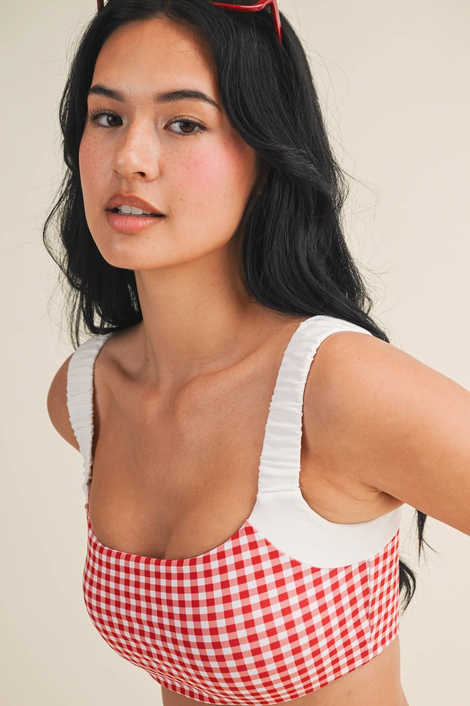 Gingham Print Scrunched Strap Sports Bra: Red Gingham / L