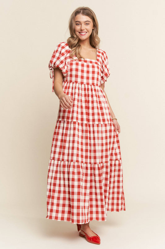 The Meadow Gingham Tiered Maxi Dress: Red / S
