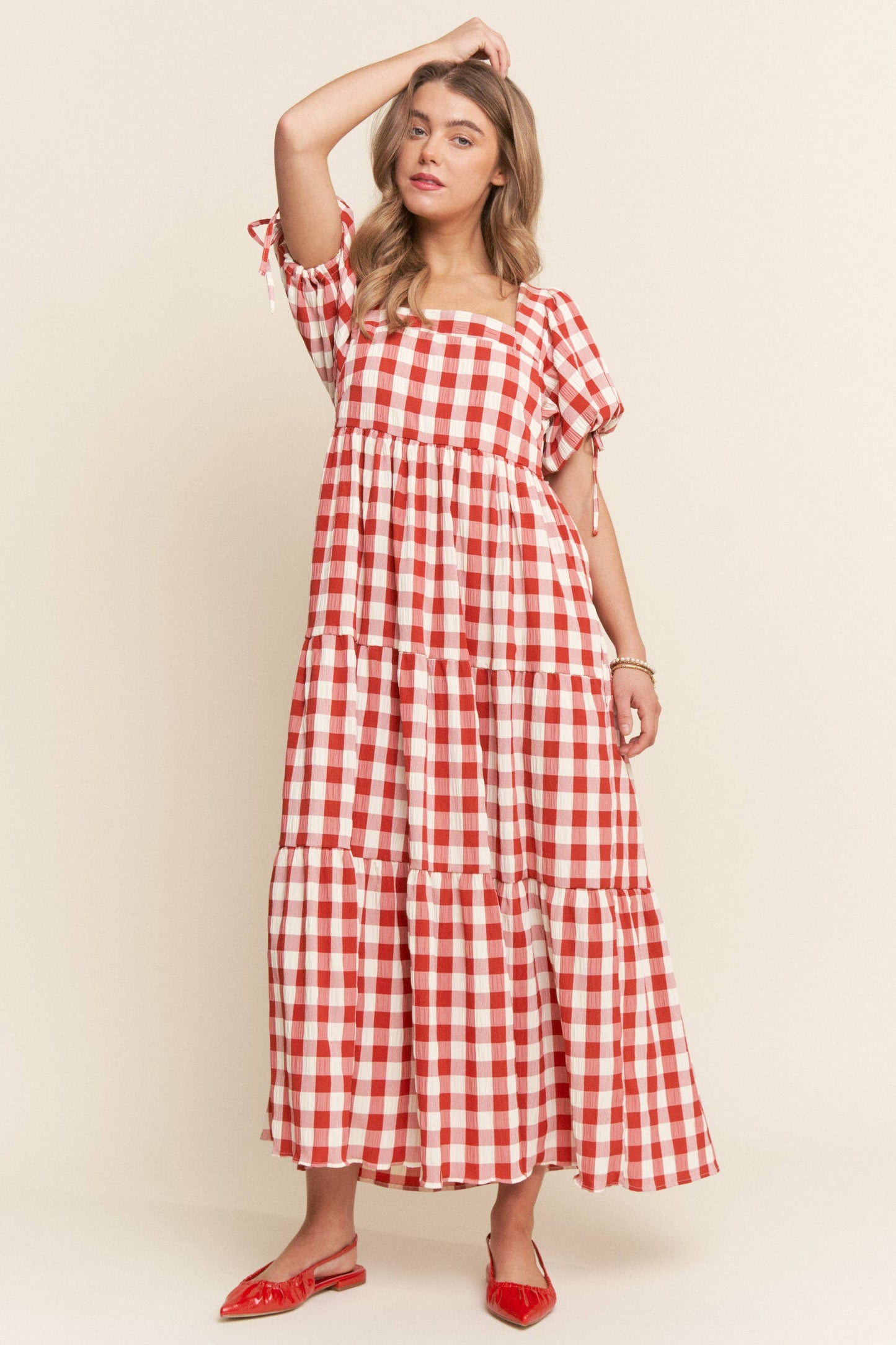 The Meadow Gingham Tiered Maxi Dress: Red / M
