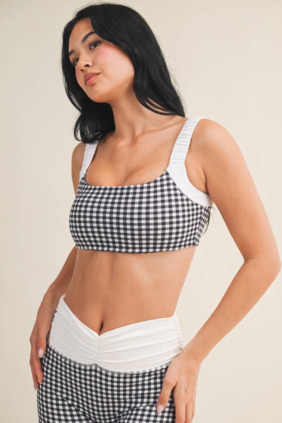 Gingham Print Scrunched Strap Sports Bra: Red Gingham / S