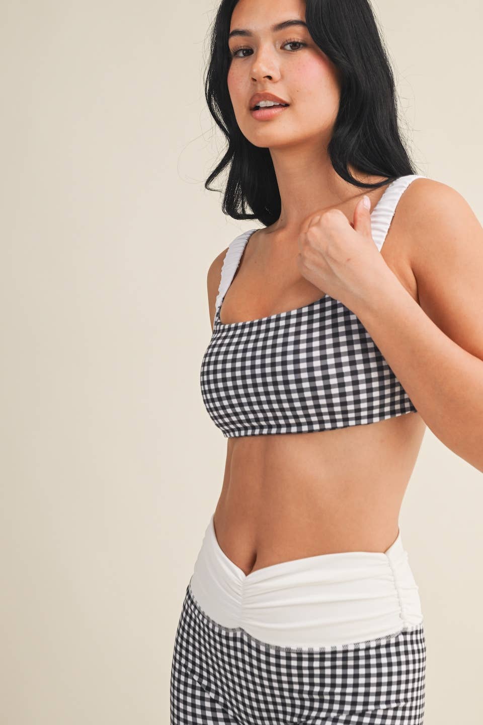 Gingham Print Scrunched Strap Sports Bra: Red Gingham / S
