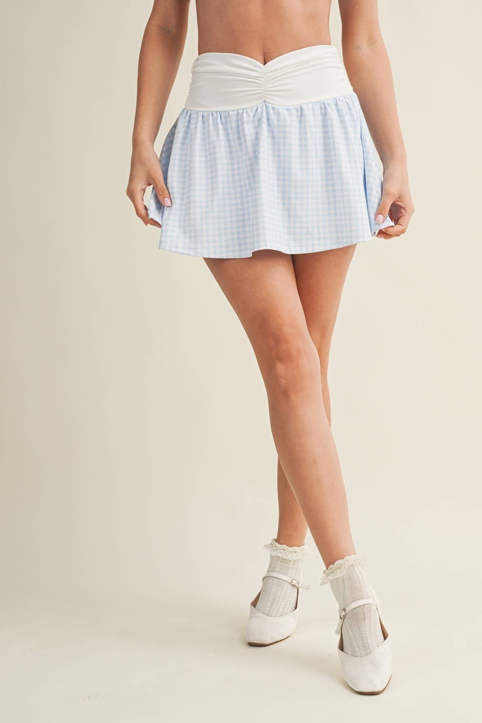 Gingham Print Ruched Waistband Mini Skort: Blue Gingham / M