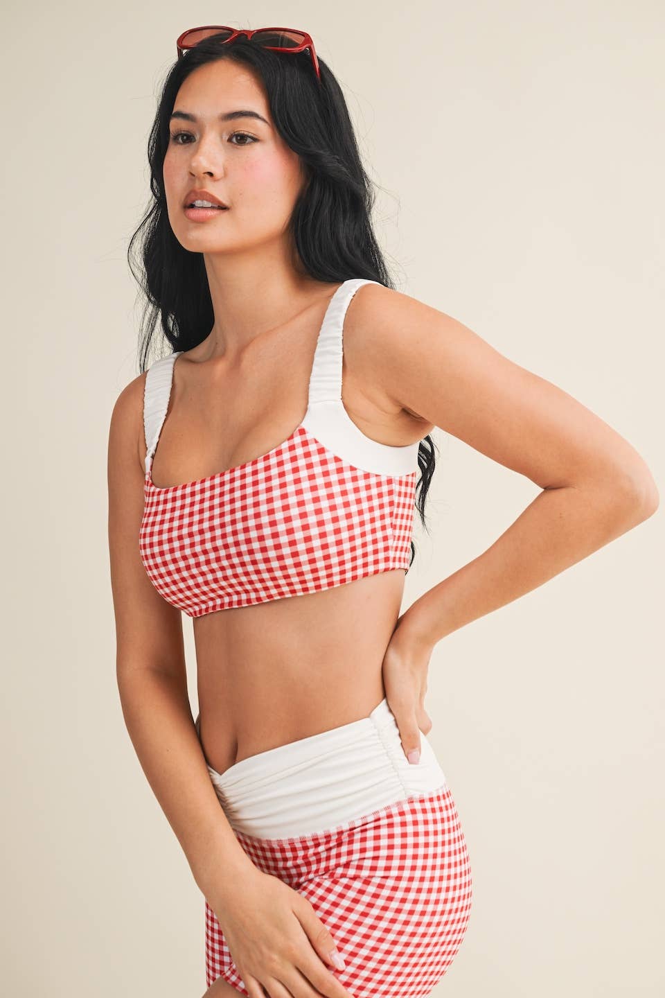 Gingham Print Scrunched Strap Sports Bra: Red Gingham / M
