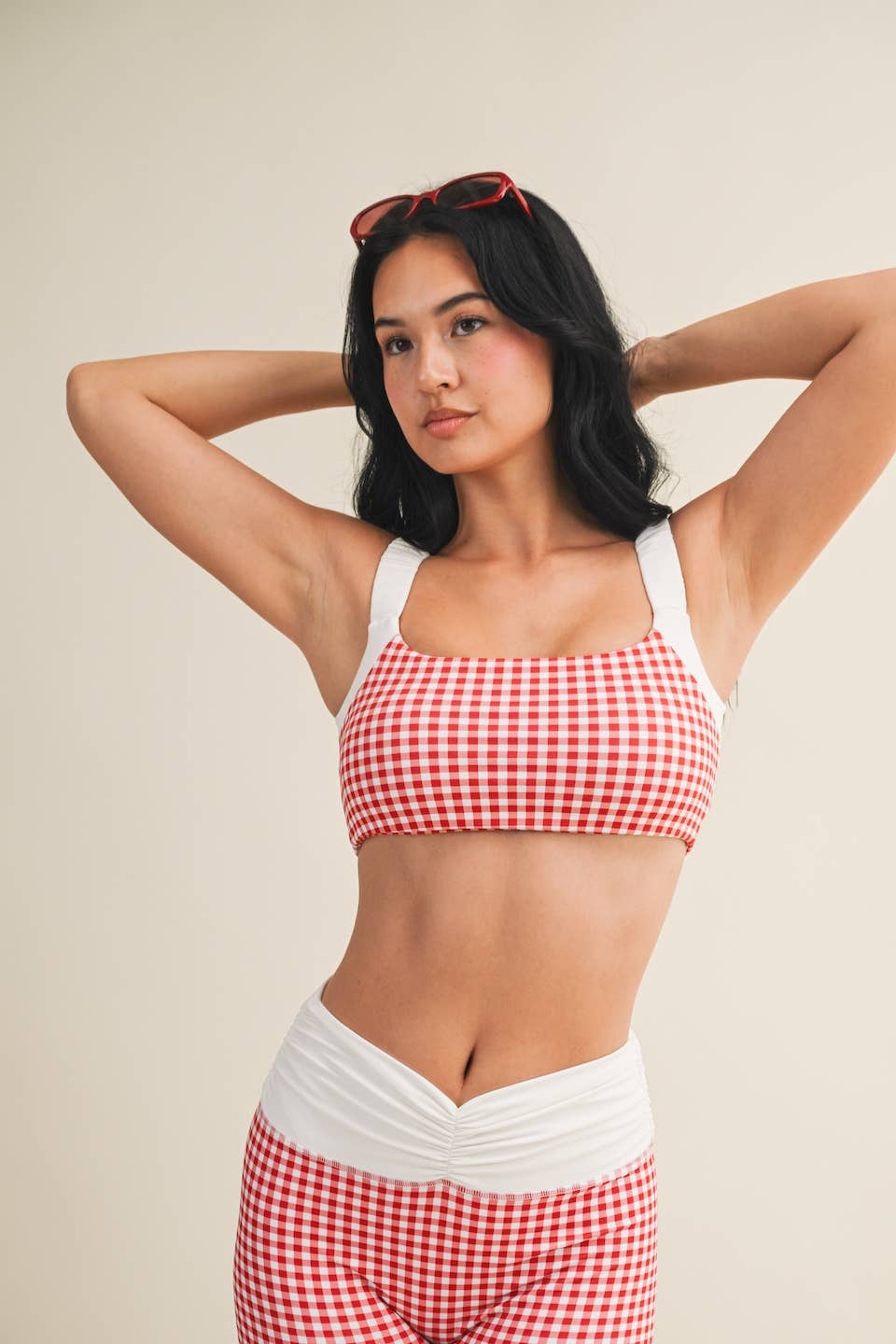 Gingham Print Scrunched Strap Sports Bra: Red Gingham / L
