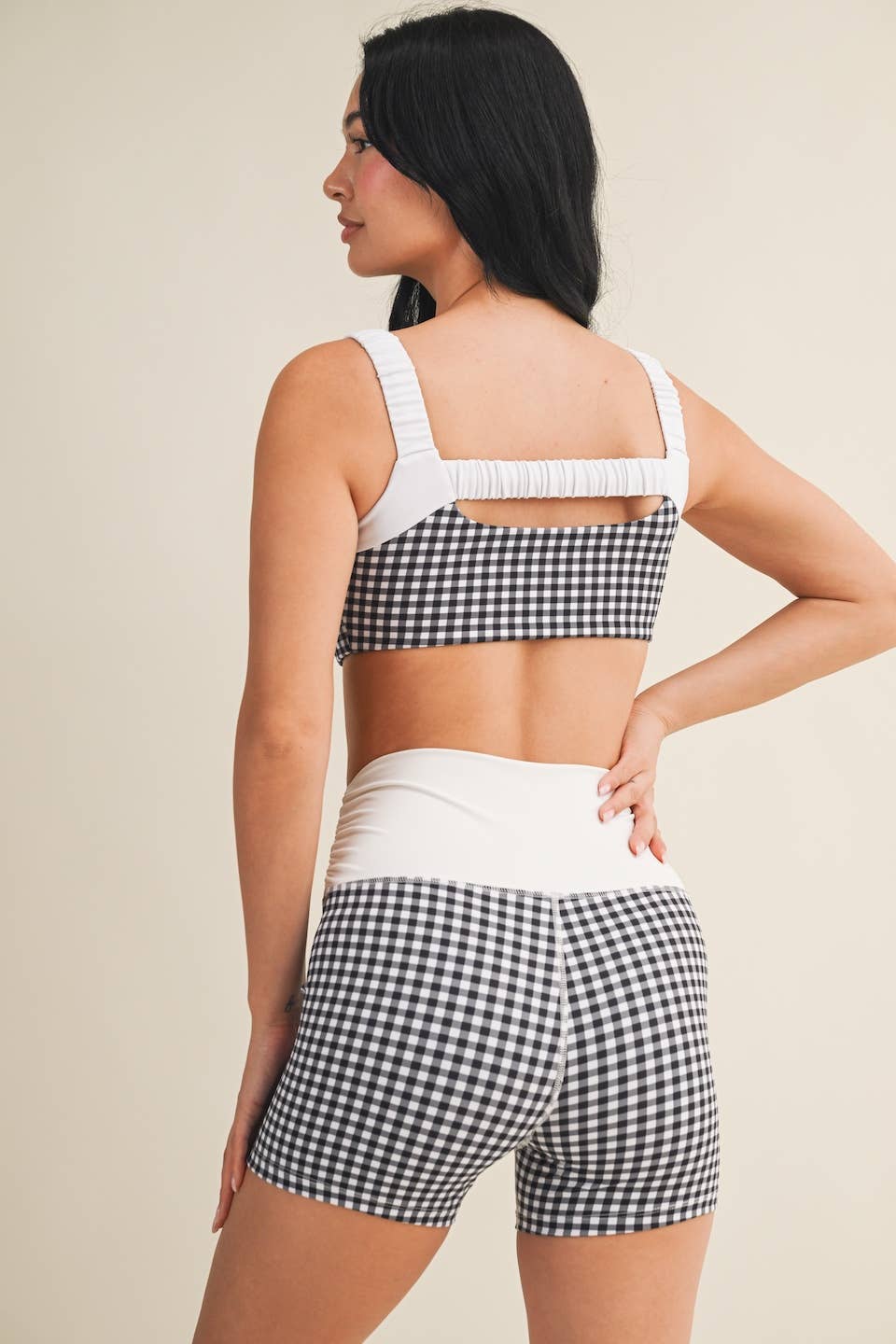 Gingham Print Scrunched Strap Sports Bra: Red Gingham / S