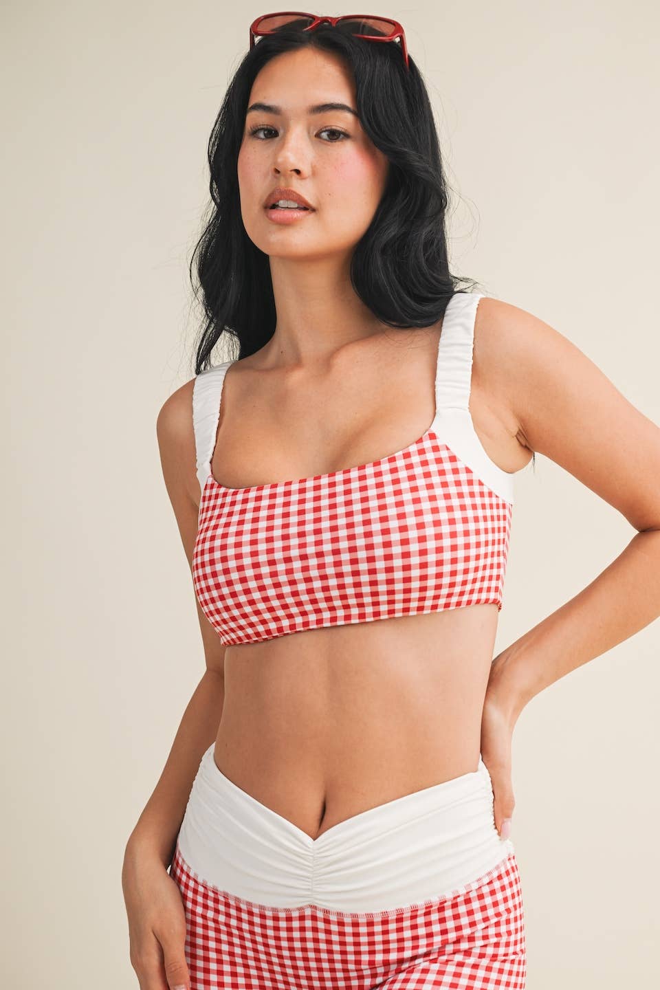 Gingham Print Scrunched Strap Sports Bra: Red Gingham / L