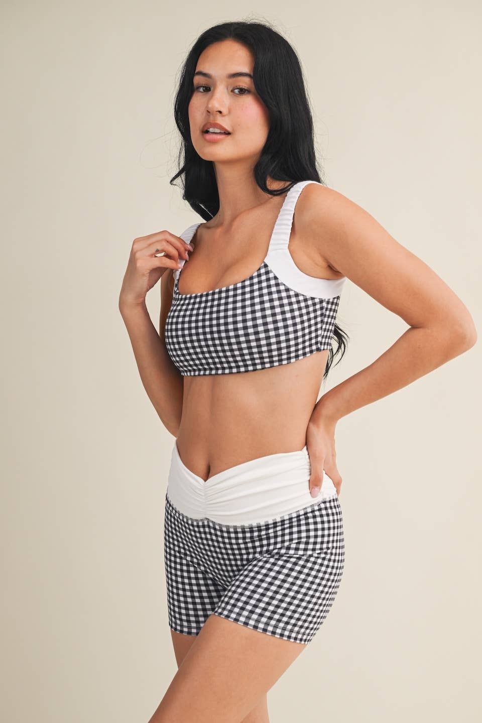 Gingham Print Scrunched Strap Sports Bra: Red Gingham / S