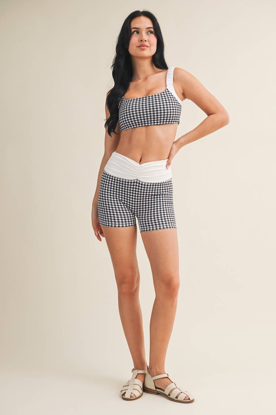 Gingham Print Scrunched Strap Sports Bra: Red Gingham / S