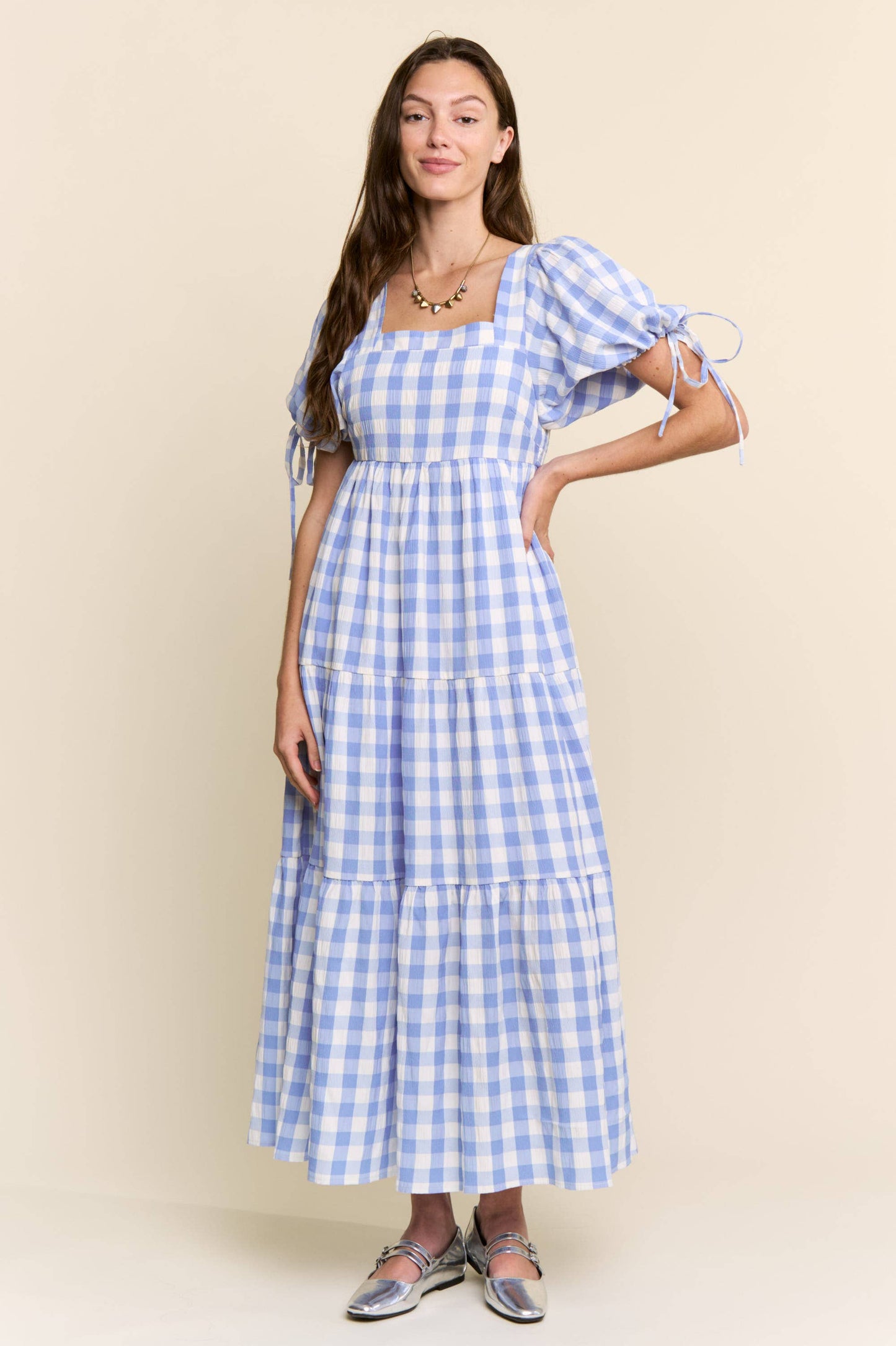 The Meadow Gingham Tiered Maxi Dress: Red / L