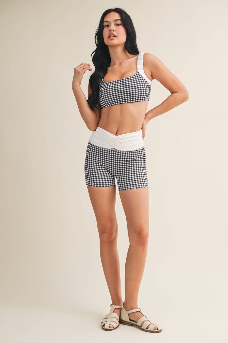 Gingham Print Scrunched Strap Sports Bra: Red Gingham / S
