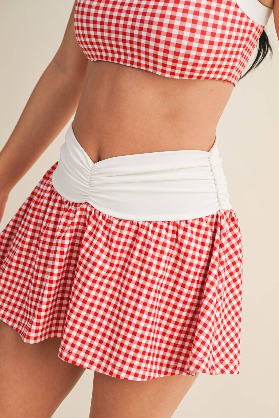 Gingham Print Ruched Waistband Mini Skort: Blue Gingham / S
