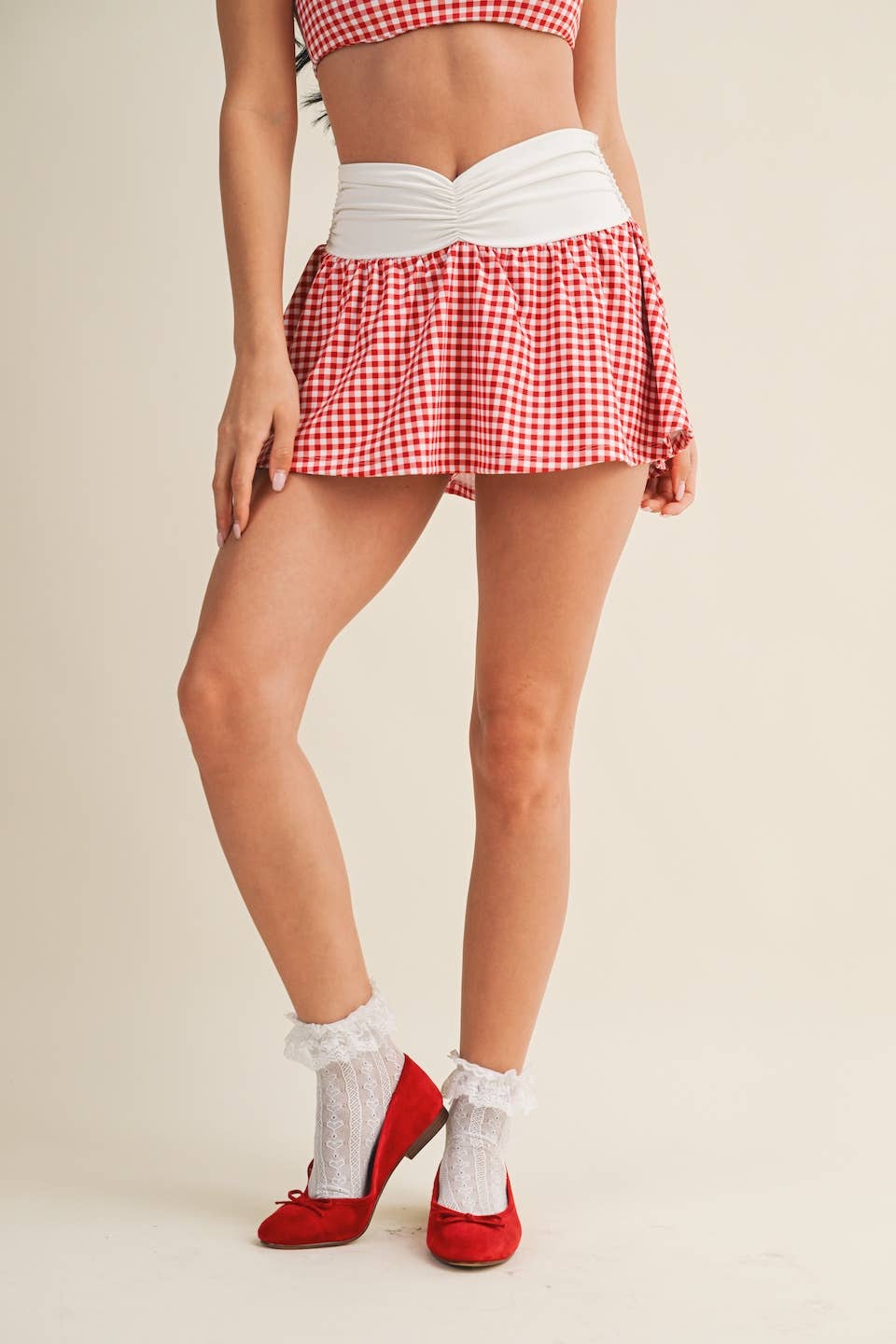 Gingham Print Ruched Waistband Mini Skort: Blue Gingham / L