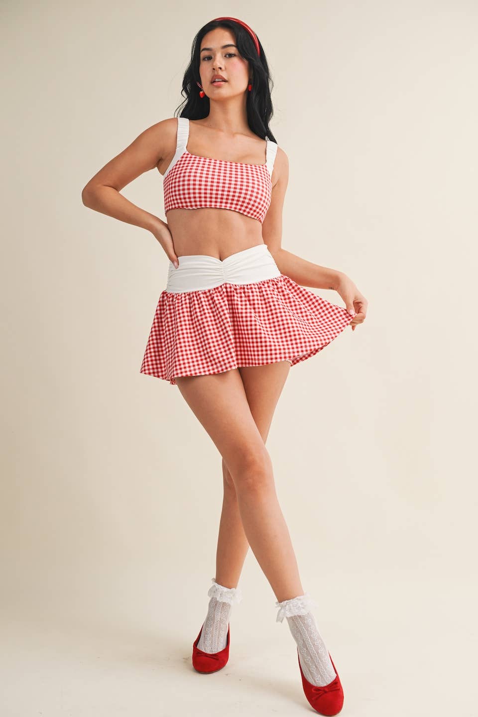Gingham Print Ruched Waistband Mini Skort: Blue Gingham / M