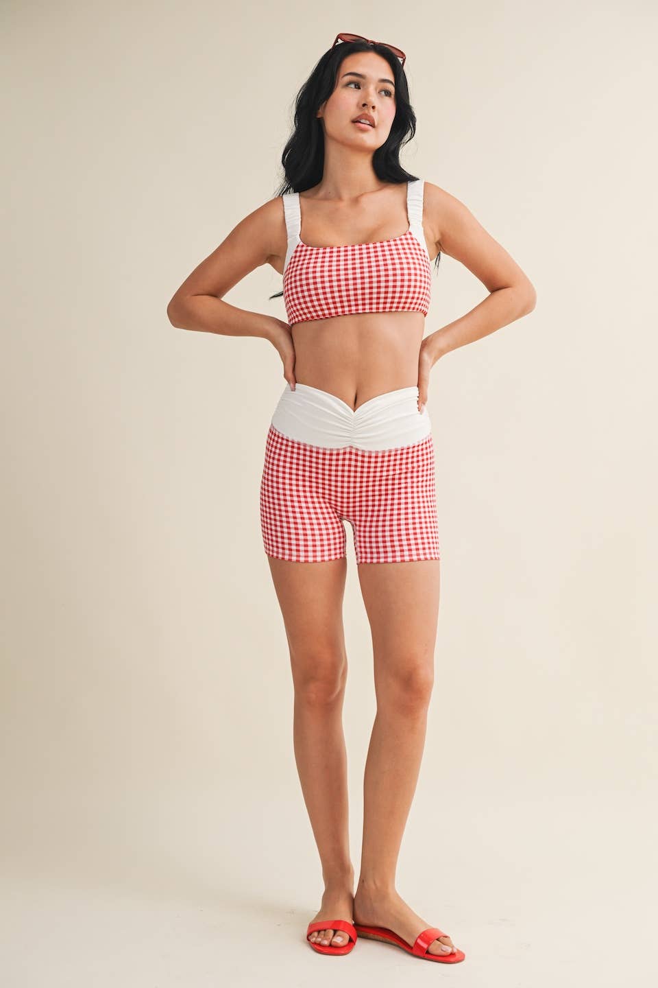 Gingham Print Scrunched Strap Sports Bra: Red Gingham / L