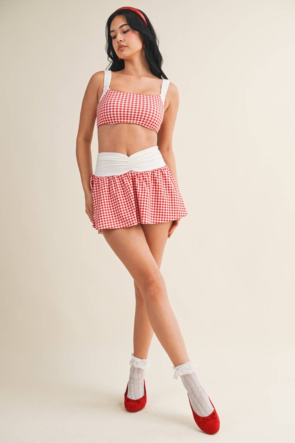 Gingham Print Ruched Waistband Mini Skort: Blue Gingham / L