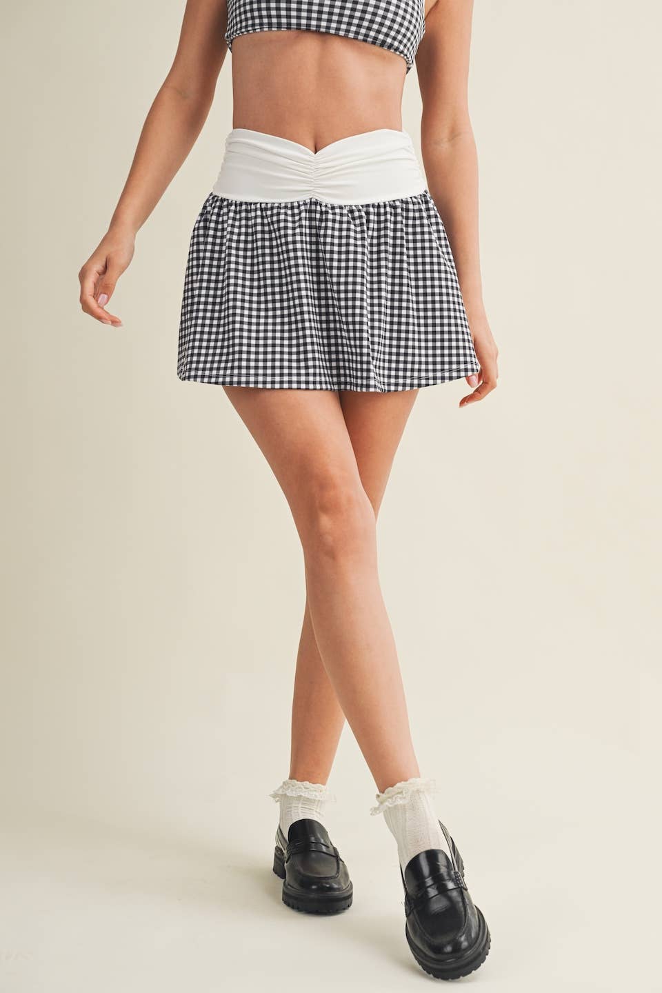 Gingham Print Ruched Waistband Mini Skort: Blue Gingham / M
