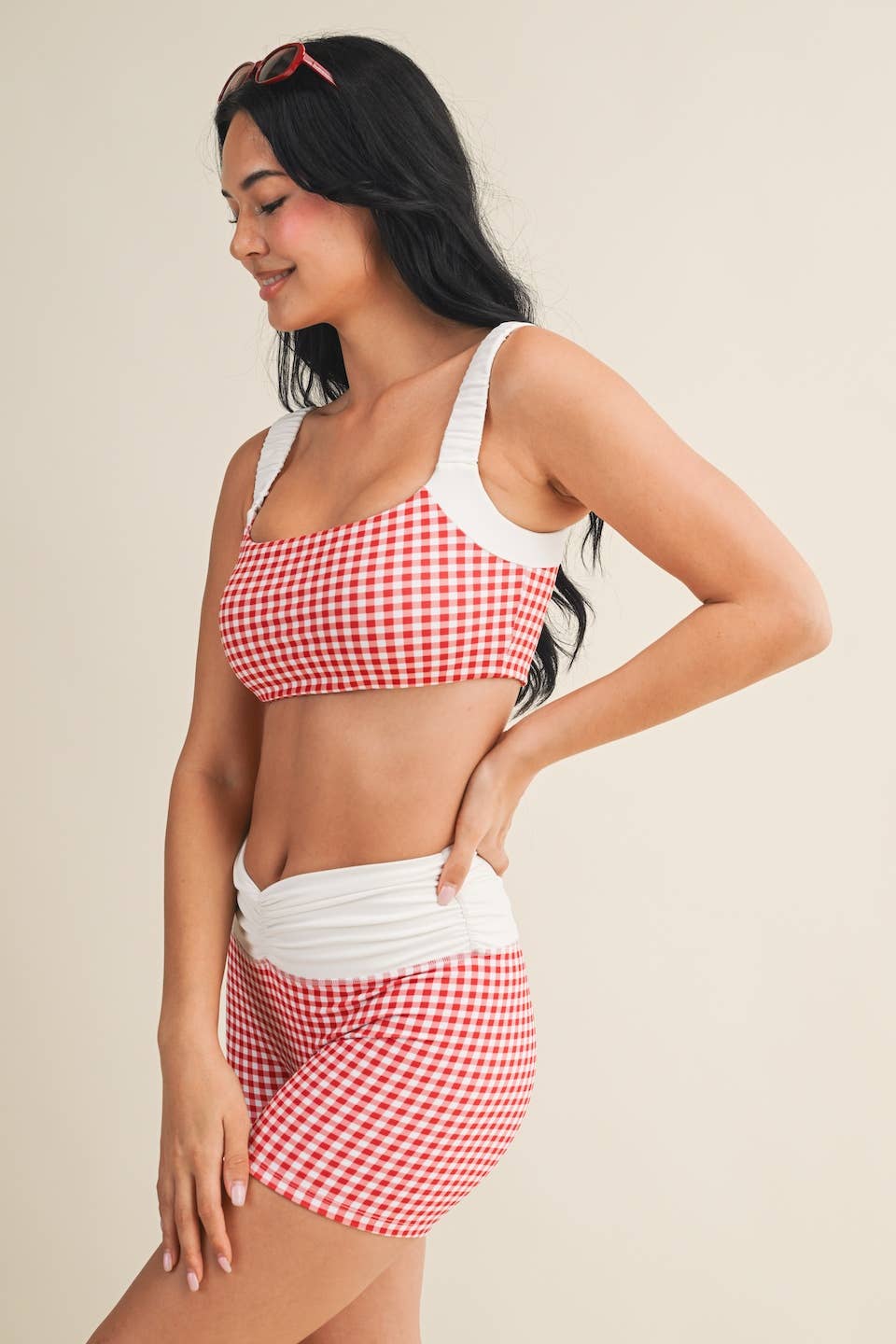 Gingham Print Scrunched Strap Sports Bra: Red Gingham / S