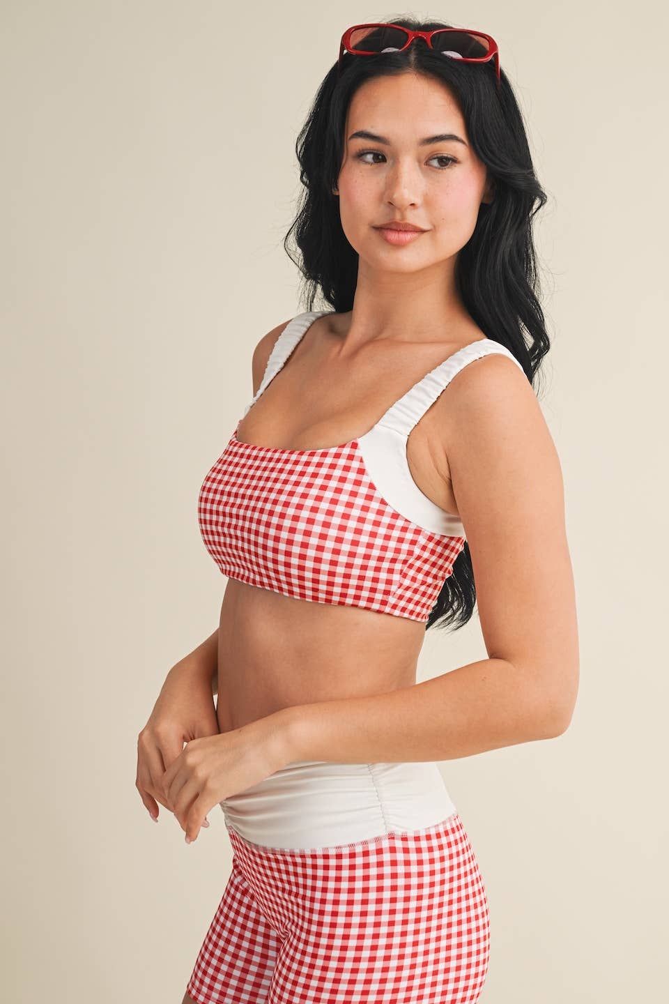 Gingham Print Scrunched Strap Sports Bra: Red Gingham / S