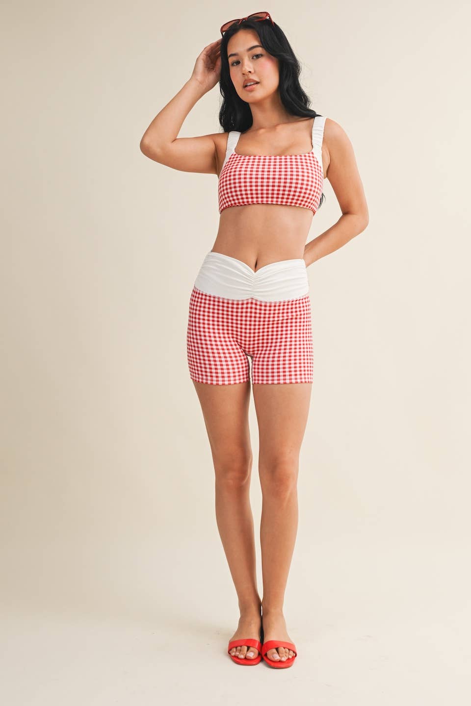 Gingham Print Scrunched Strap Sports Bra: Red Gingham / S