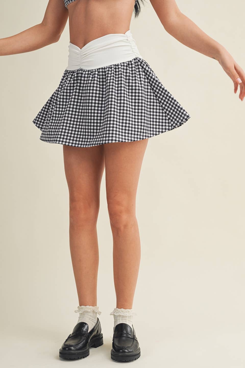 Gingham Print Ruched Waistband Mini Skort: Blue Gingham / S