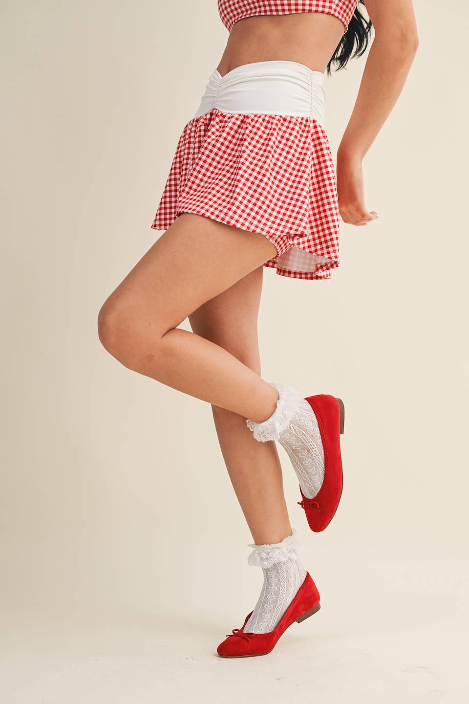 Gingham Print Ruched Waistband Mini Skort: Blue Gingham / L