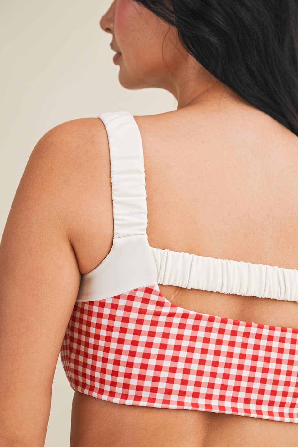 Gingham Print Scrunched Strap Sports Bra: Red Gingham / S