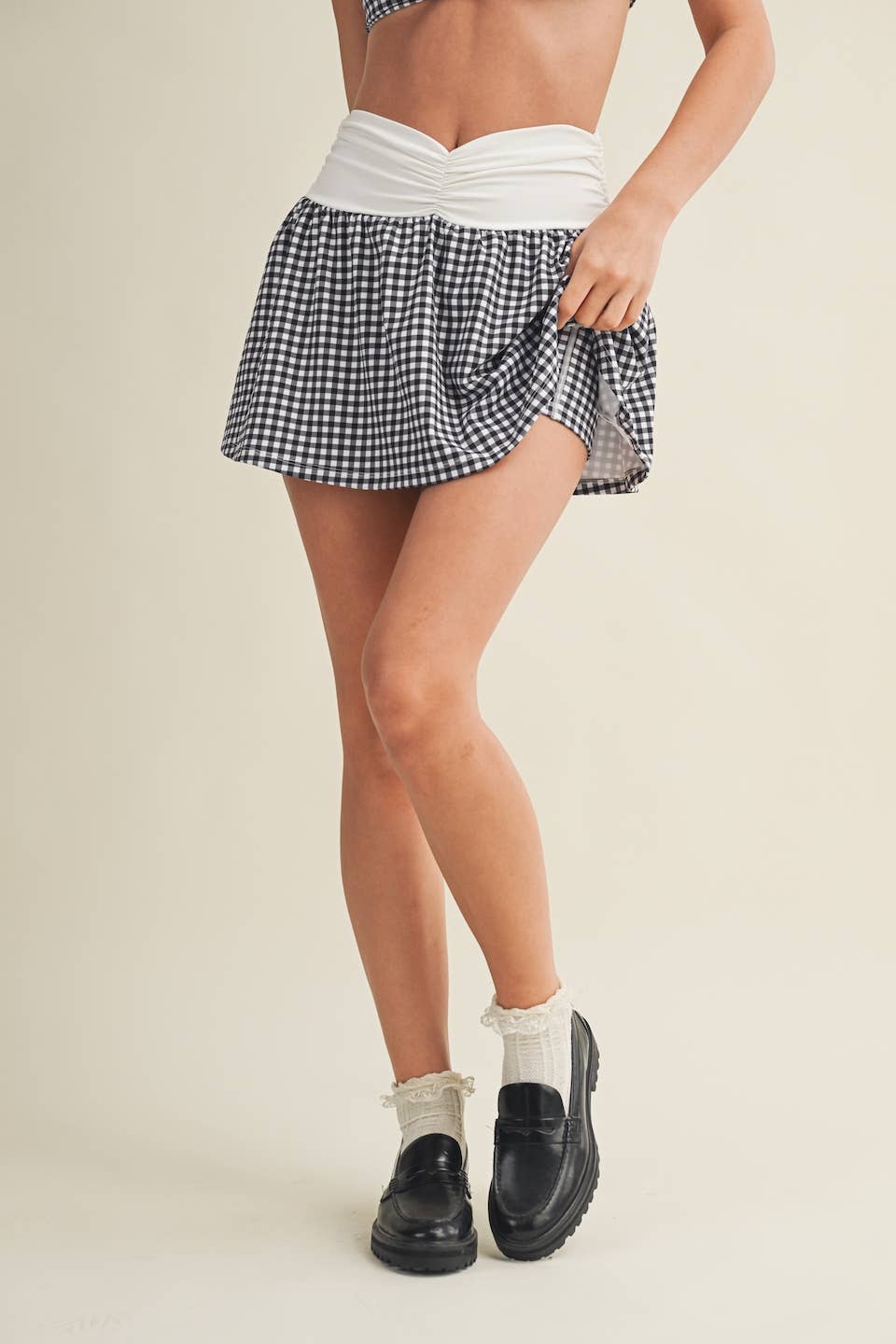 Gingham Print Ruched Waistband Mini Skort: Blue Gingham / L