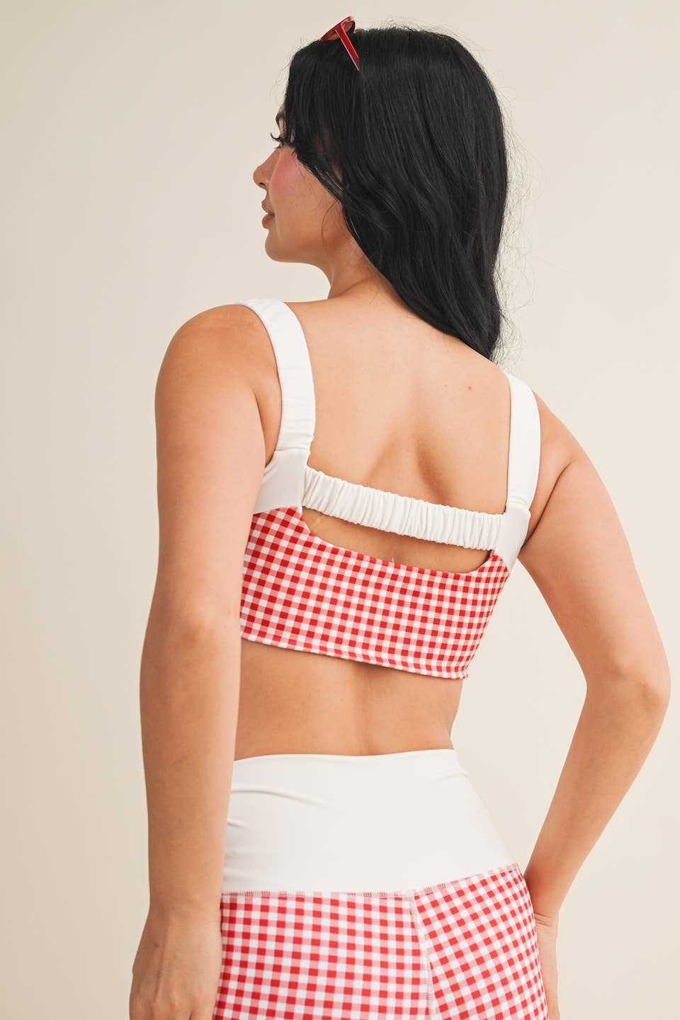 Gingham Print Scrunched Strap Sports Bra: Red Gingham / M