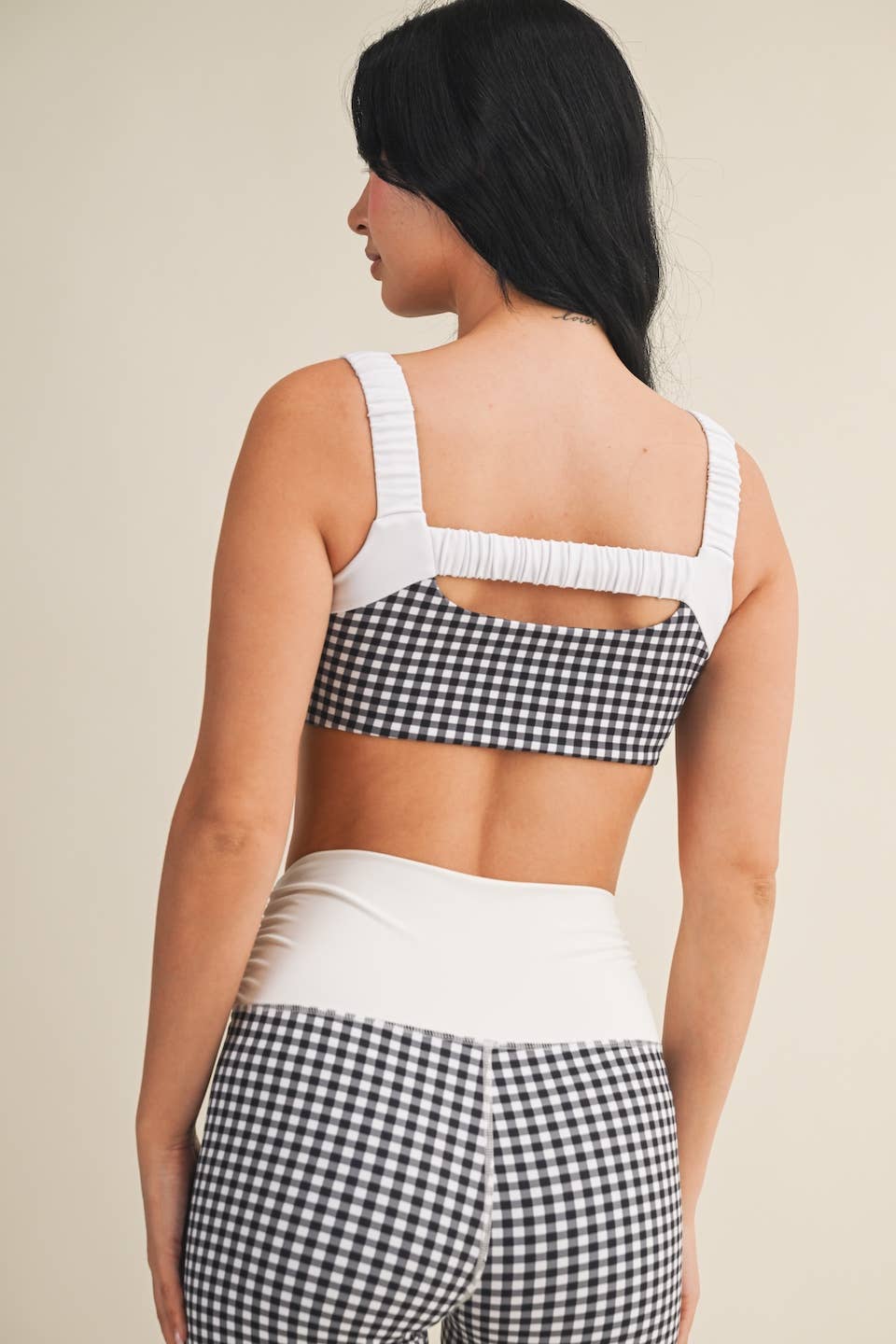 Gingham Print Scrunched Strap Sports Bra: Red Gingham / M