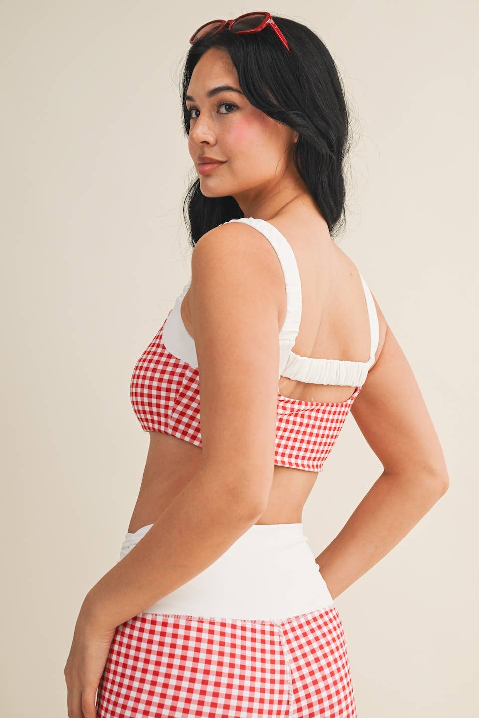 Gingham Print Scrunched Strap Sports Bra: Red Gingham / L