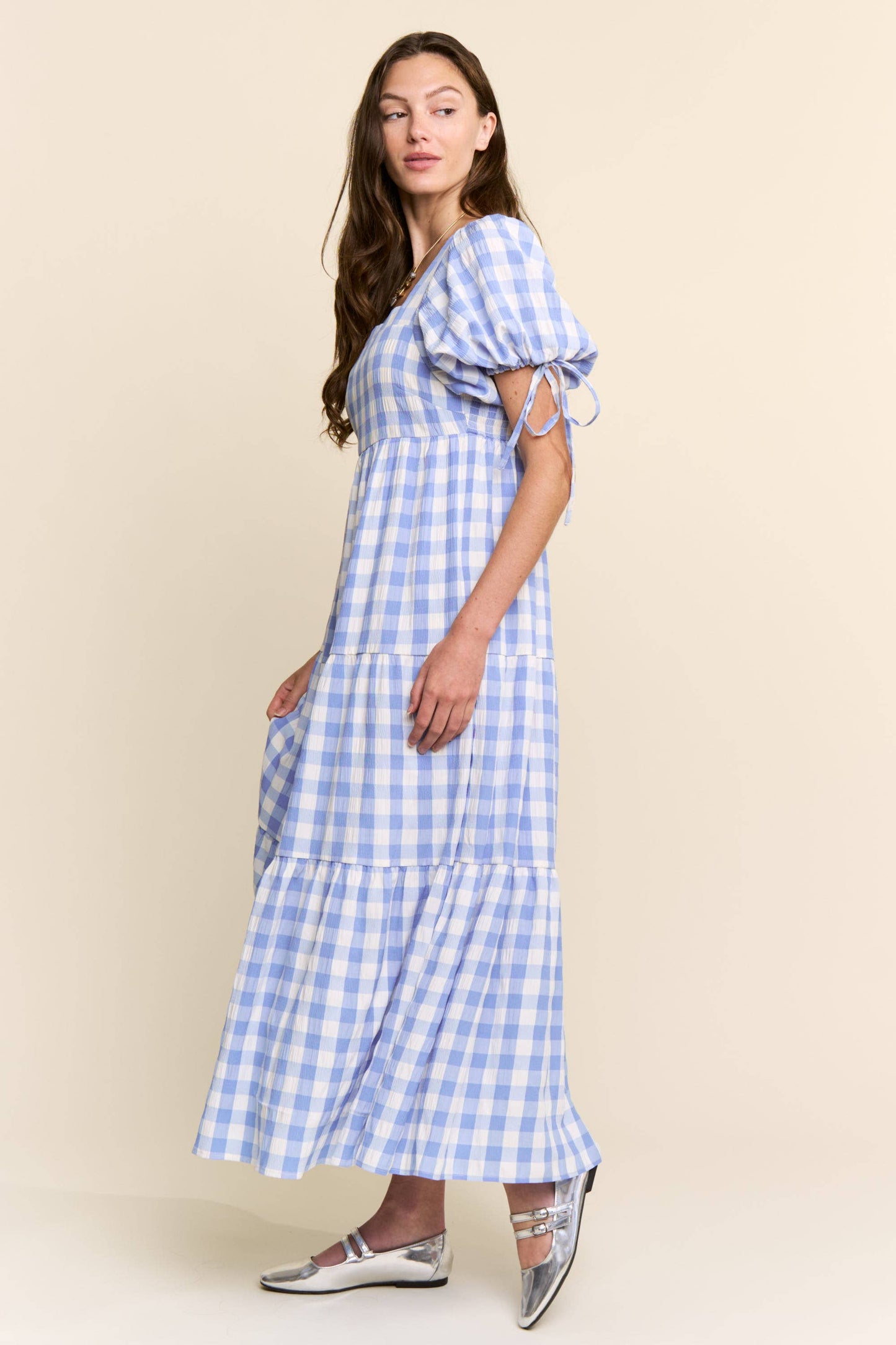 The Meadow Gingham Tiered Maxi Dress: Red / S