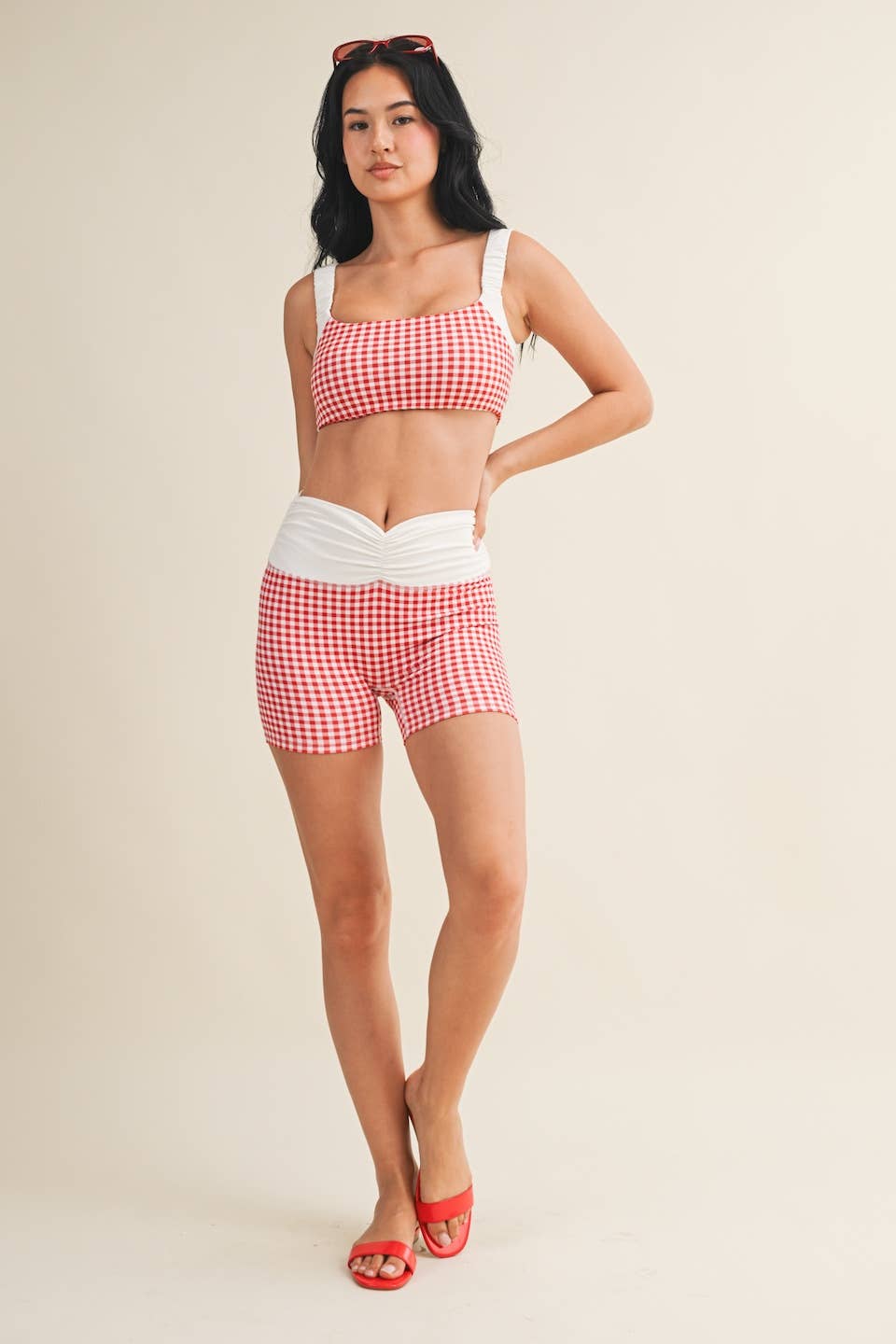 Gingham Print Scrunched Strap Sports Bra: Red Gingham / S