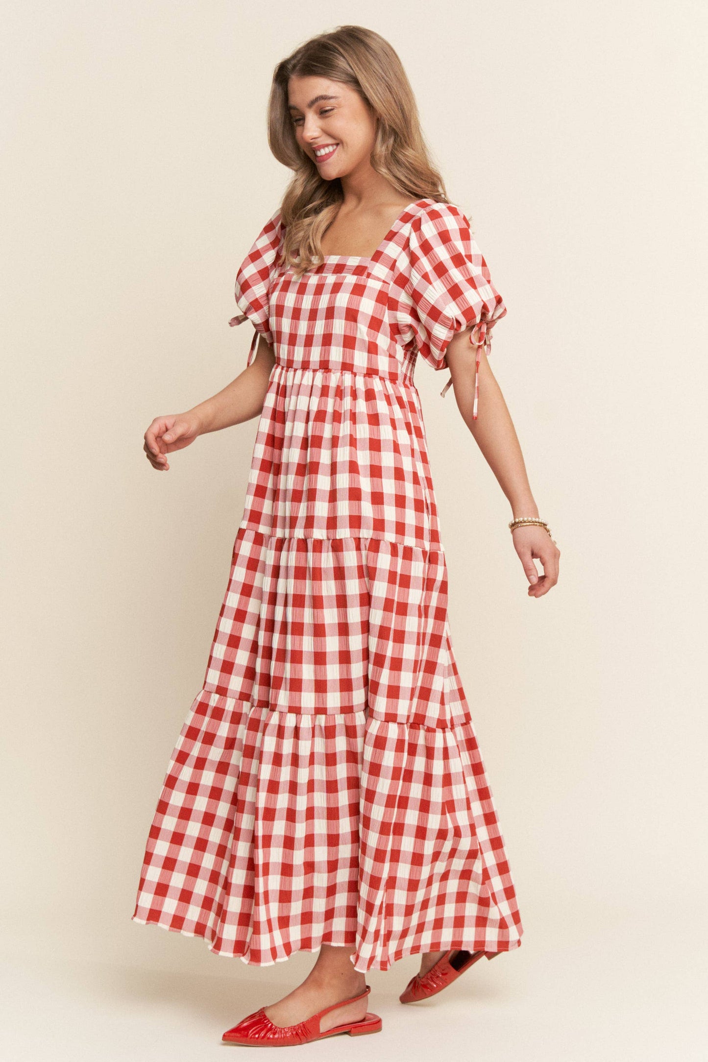 The Meadow Gingham Tiered Maxi Dress: Red / M
