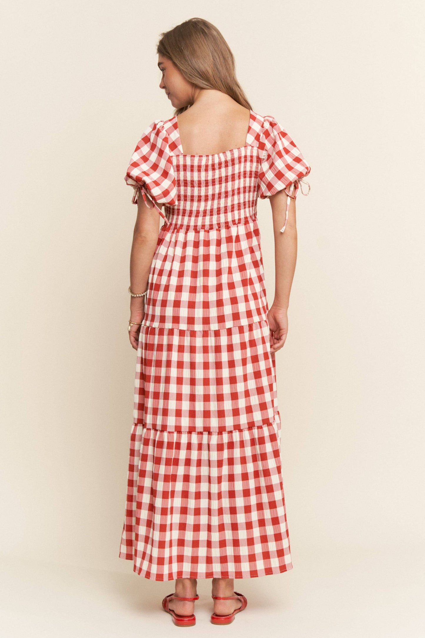 The Meadow Gingham Tiered Maxi Dress: Red / S