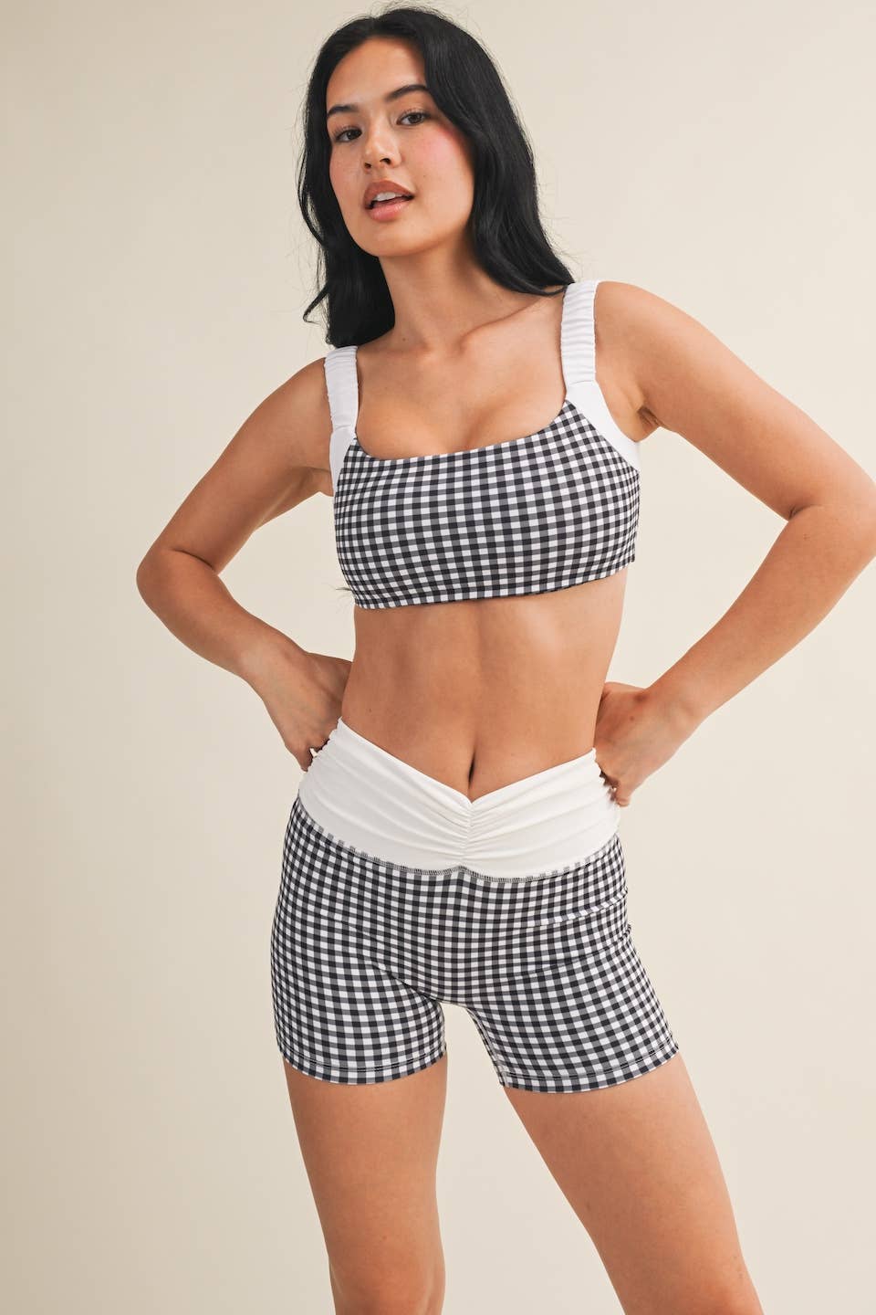 Gingham Print Scrunched Strap Sports Bra: Red Gingham / M