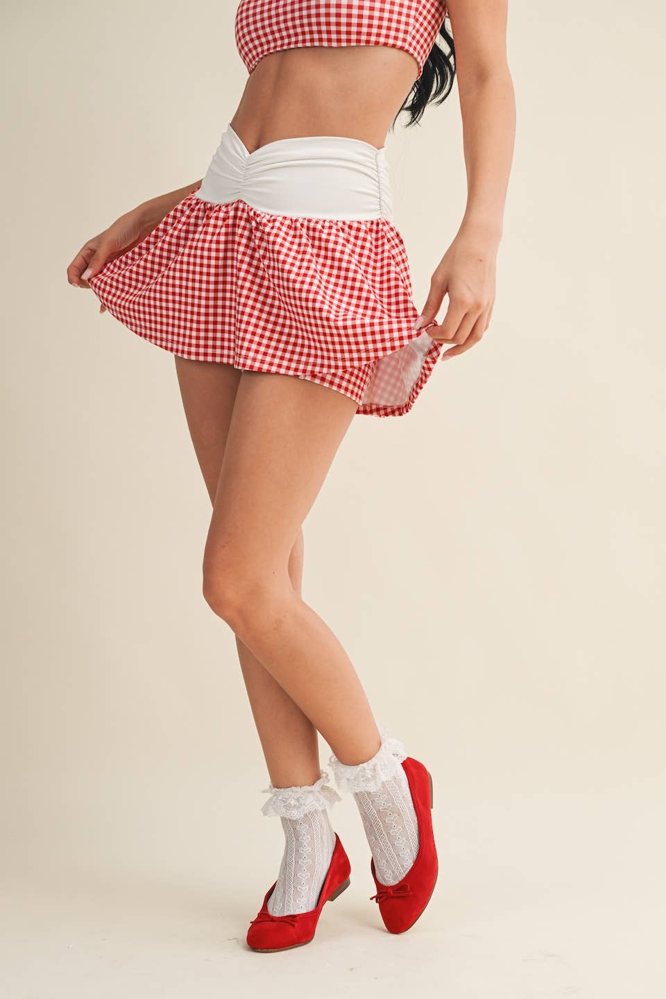 Gingham Print Ruched Waistband Mini Skort: Red Gingham / L