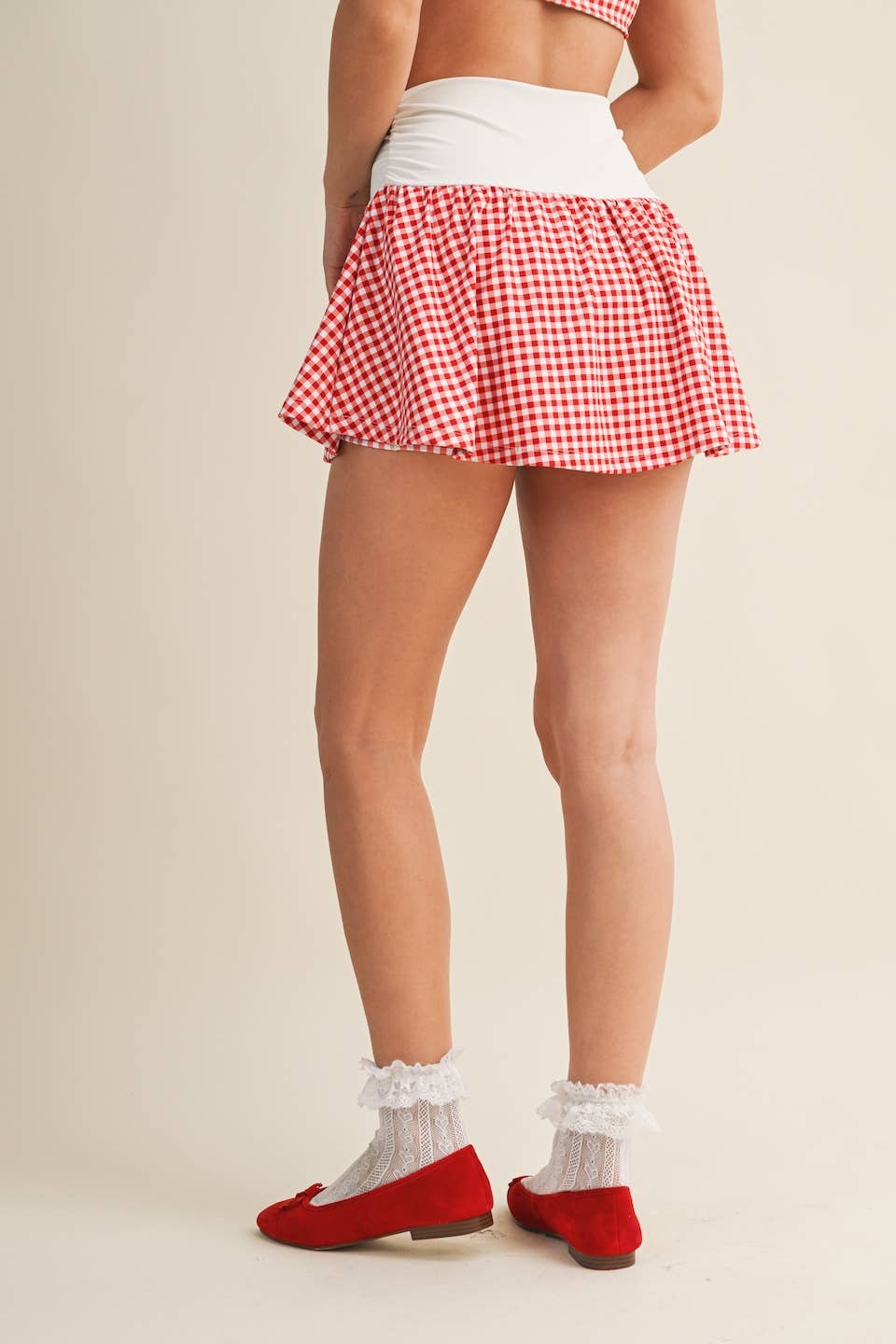 Gingham Print Ruched Waistband Mini Skort: Red Gingham / L