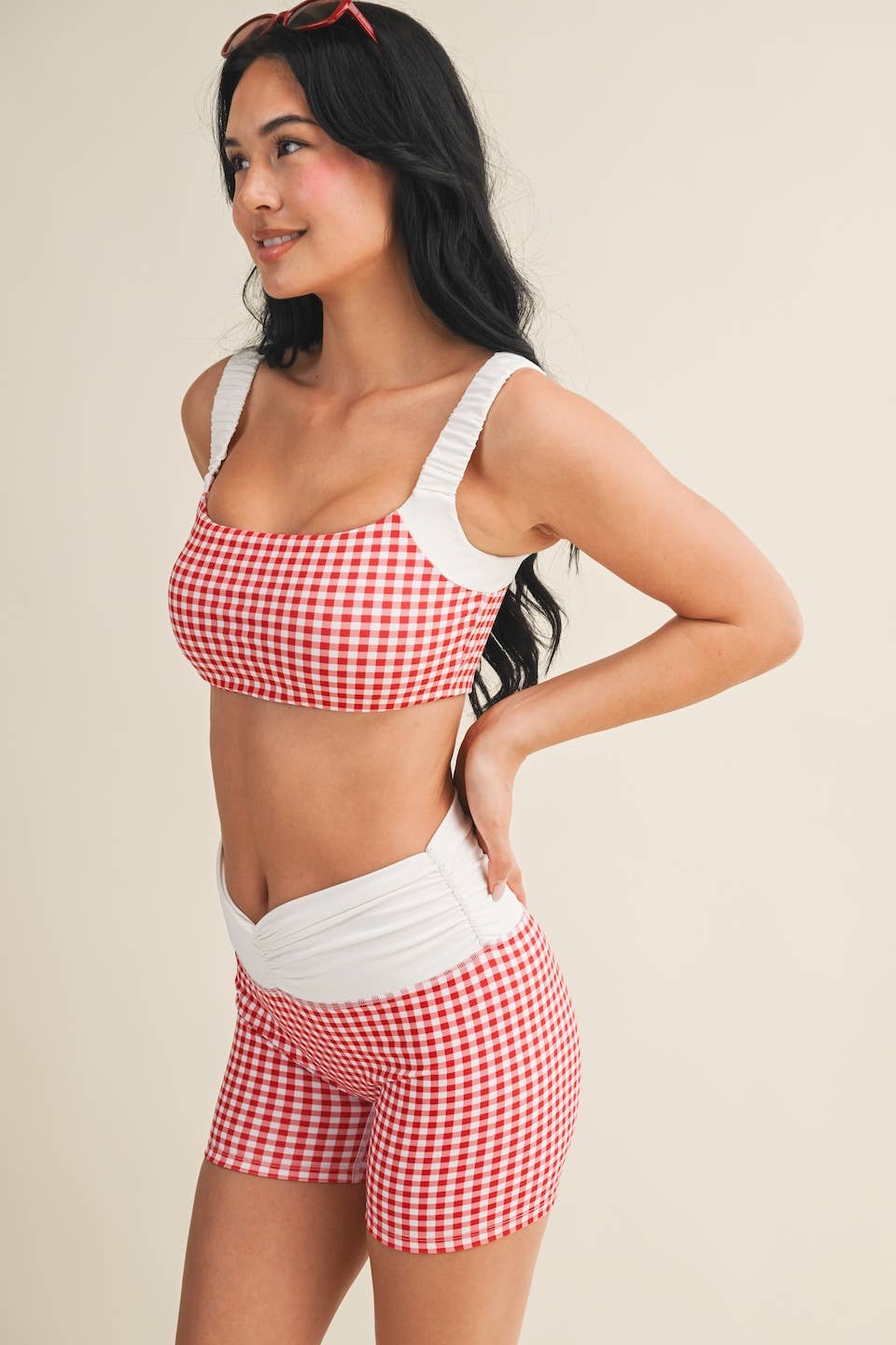 Gingham Print Scrunched Strap Sports Bra: Red Gingham / M
