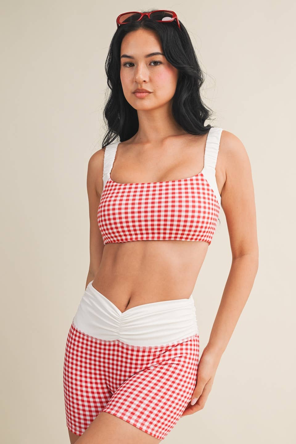 Gingham Print Scrunched Strap Sports Bra: Red Gingham / L