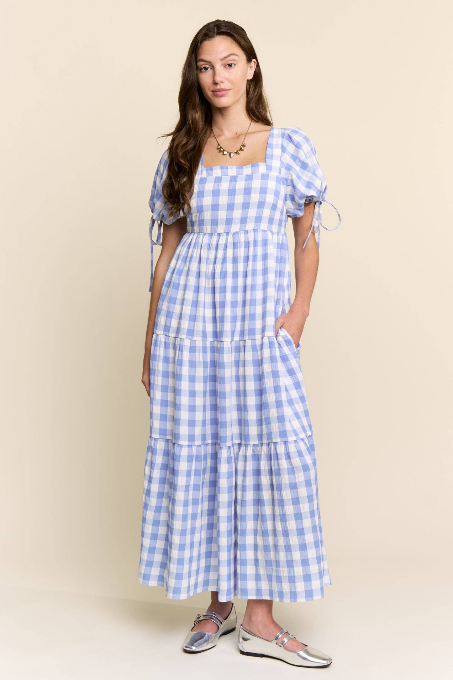 The Meadow Gingham Tiered Maxi Dress: Red / L