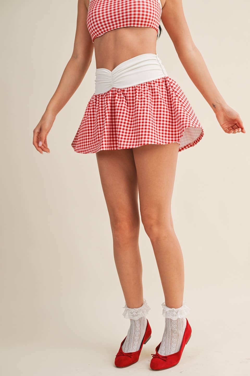 Gingham Print Ruched Waistband Mini Skort: Blue Gingham / L