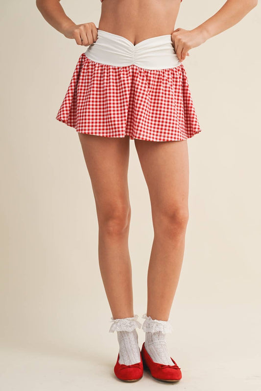 Gingham Print Ruched Waistband Mini Skort: Red Gingham / M